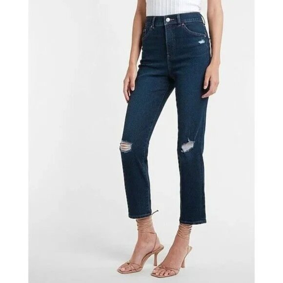 Express Super High Waisted Dark Wash Ripped Slim Jeans 00P - Picture 2 of 4